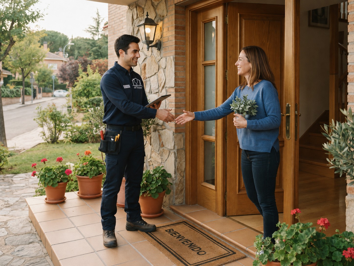 Técnico de DR HOGAR saludando a una clienta en la puerta de su hogar